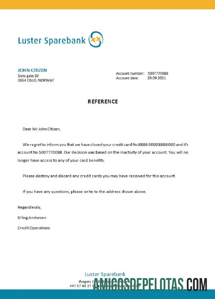 Referência de fechamento do Norway Lustre Sparebank exemplo real